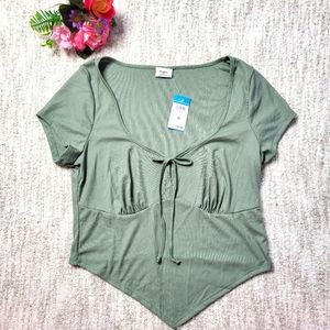 Olive green Ribbed Knit v-neck short sleeve cropped top